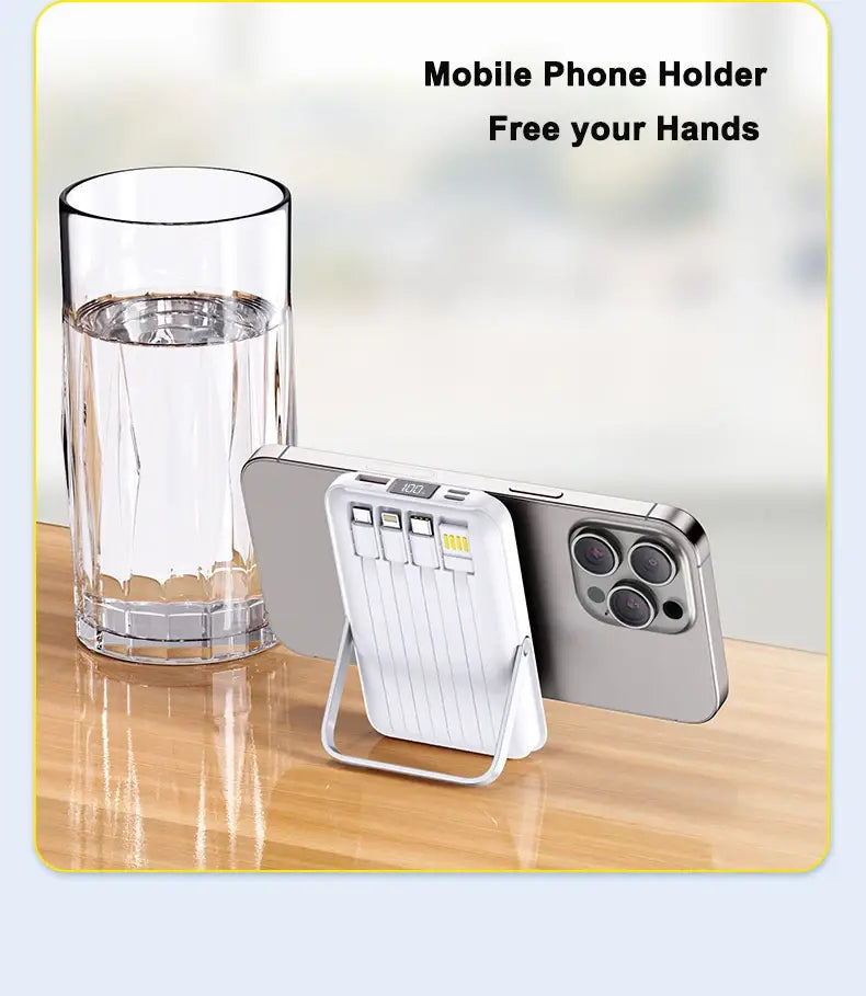 Banco de energía magnético portátil blanco de 20000 mAh con batería integrada y diseño de soporte para uso de carga inalámbrica rápida.