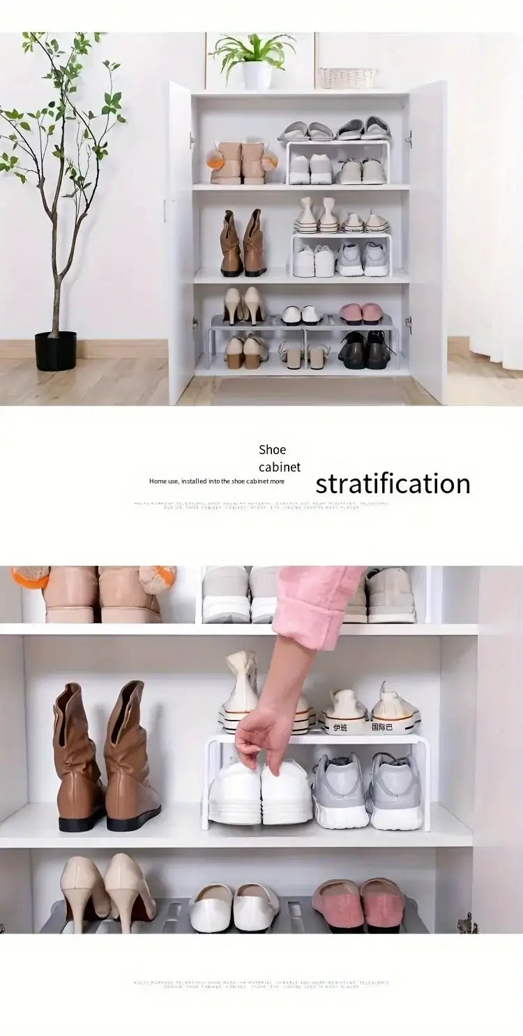 Porte-chaussures réglable en plastique blanc à plusieurs niveaux, conçu pour un rangement ordonné et une utilisation efficace de l’espace.