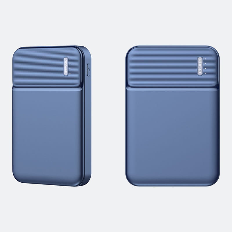 Blue rectangular 5000mAH portable power bank mini charger with a textured top panel and sleek minimalist design.
