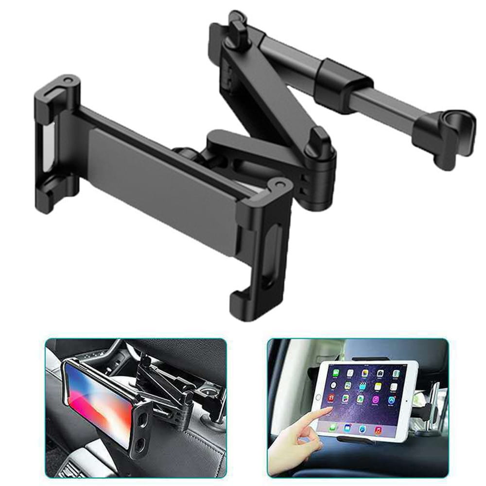 Soporte para tableta para reposacabezas de automóvil negro ajustable para dispositivos de 4,7 a 13 pulgadas, mostrado desde el lado posterior, diseñado para teléfonos inteligentes y tabletas.