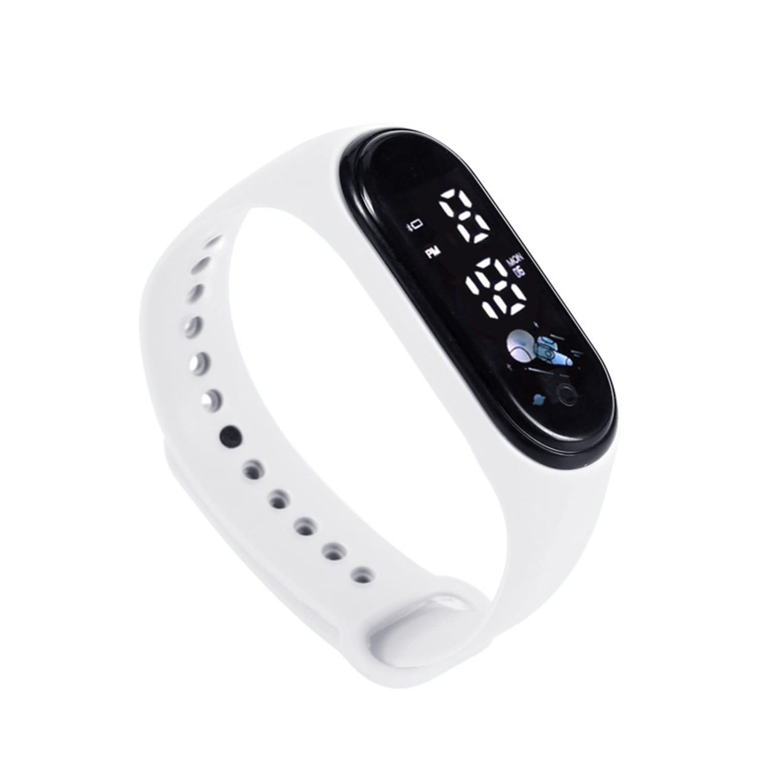 White silicone kids led digital sports watch with a black digital display showing time and date and a waterproof silicone band.