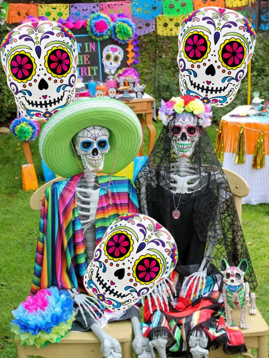 colorful flower skull foil balloons 3 pack featuring vibrant sugar skull-themed skeleton figures dressed in festive attire.