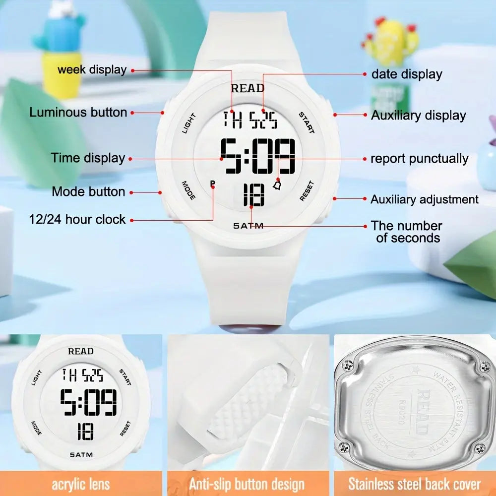 White LED digital sports watch for women with a sleek minimalist design featuring an acrylic lens and stainless steel back cover.