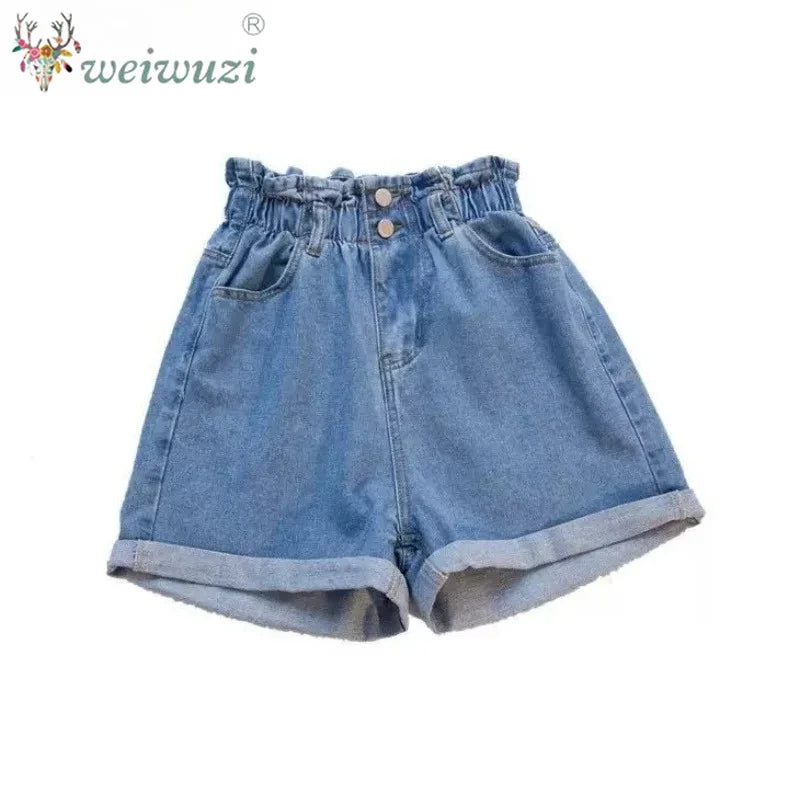 Women Casual High Waist Denim Shorts Elastic Waist Comfortable Wide Leg Rolled Hem Jean Shorts Girls Summer Vacation Streetwear