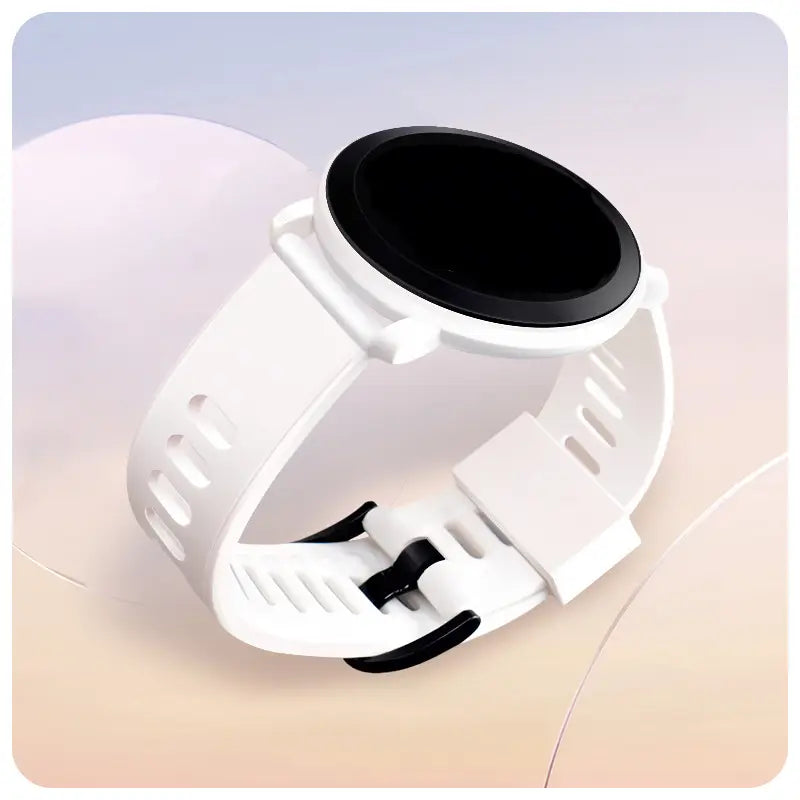 White silicone girls digital sports watch with waterproof led display and black circular face and buckle.