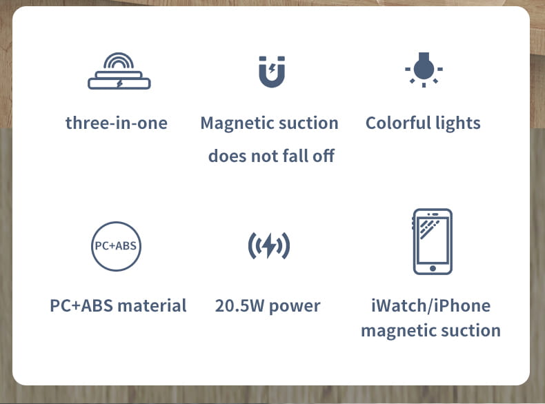 A sleek white magnetic phone and watch suction charger made of pc and abs material featuring wireless charging output power with a 3 in 1 rgb stand design.