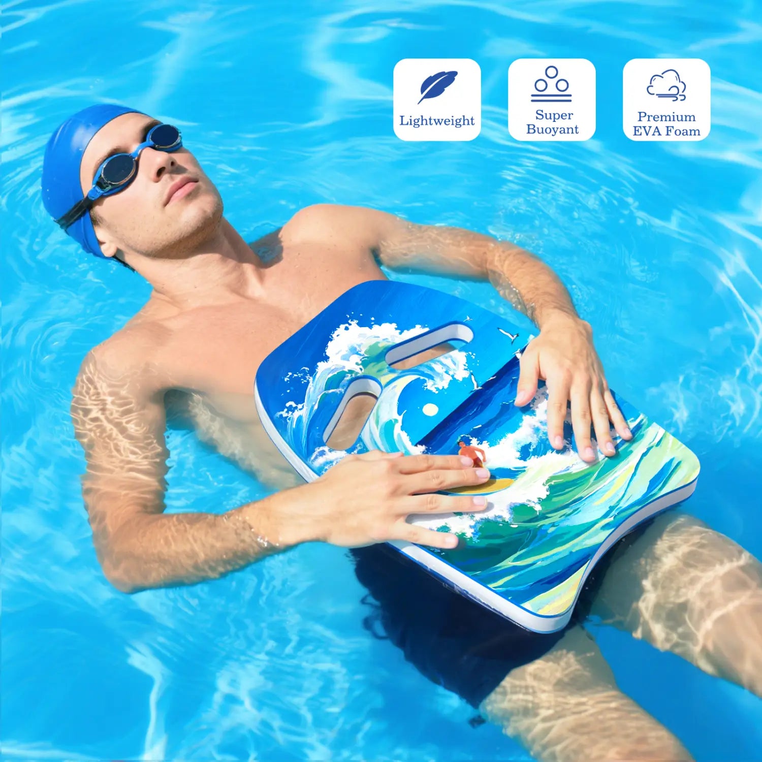 Erwachsenen-Schwimm-Kickboard aus EVA-Schaum für das Training in Blau und Grün mit Wellenmuster, gefertigt aus hochwertigem EVA-Schaum, für Schwimmübungen.