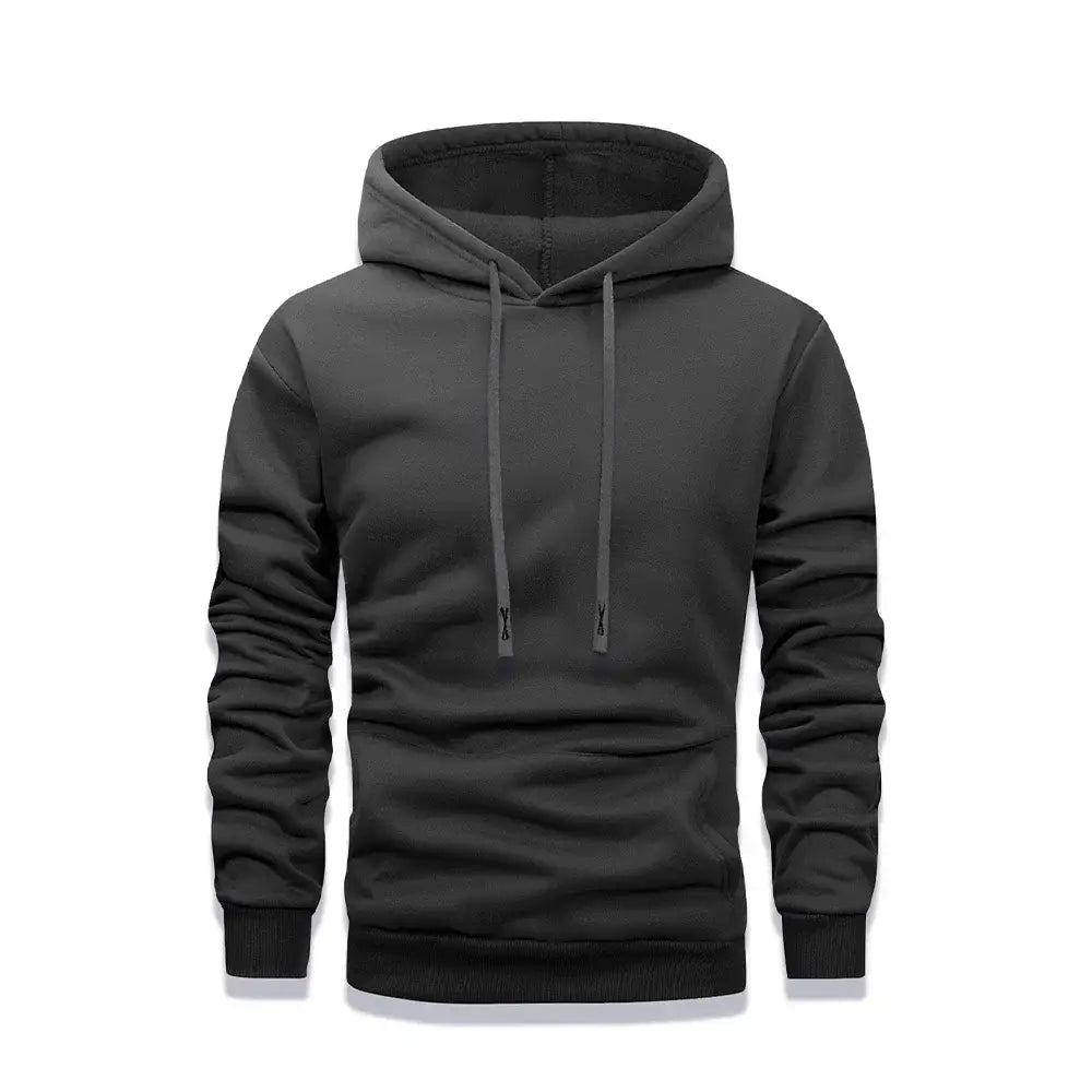 Schwarzer Herren-Fleece-Pullover-Hoodie mit Kapuze, passenden Kordelzügen und gerippten Bündchen, für den lässigen Wintergebrauch ausgelegt.