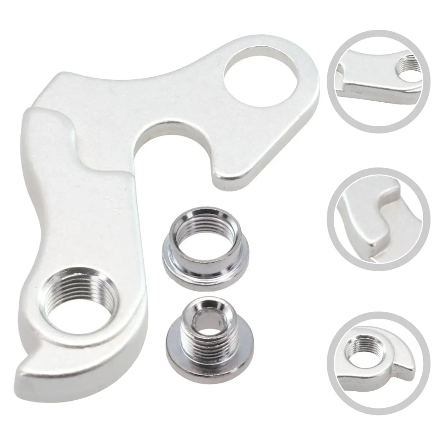 Placa/soporte de cambio trasero de aleación de aluminio para Merida y Carrera, de color plateado metalizado, mostrada desde la parte posterior con componentes de fijación roscados.