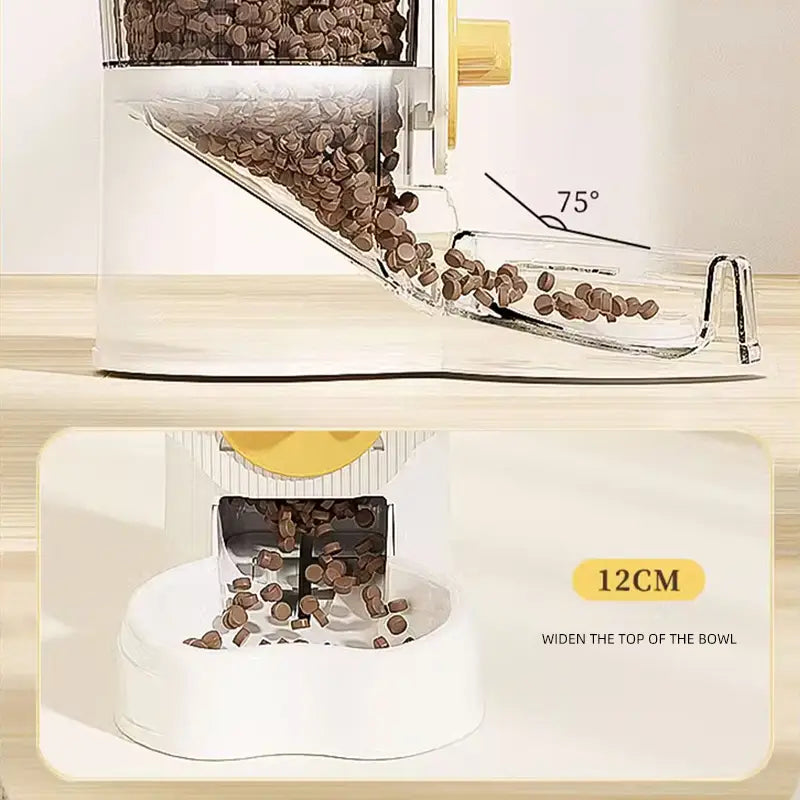 Clear plastic Hoopet wall mounted automatic pet feeder with a yellow top and angled chute dispensing chocolate chip treats into a white bowl.
