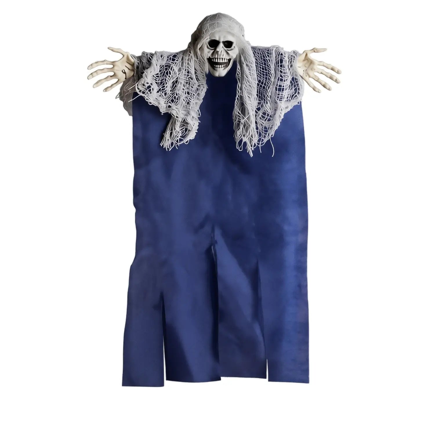 Décoration d’Halloween suspendue en forme de squelette fantôme, accessoire suspendu, vêtu d’une robe bleu foncé avec une toile blanche déchirée drapée sur ses épaules, idéale pour des décors en salle d’évasion et pour des présentations suspendues d’Halloween.