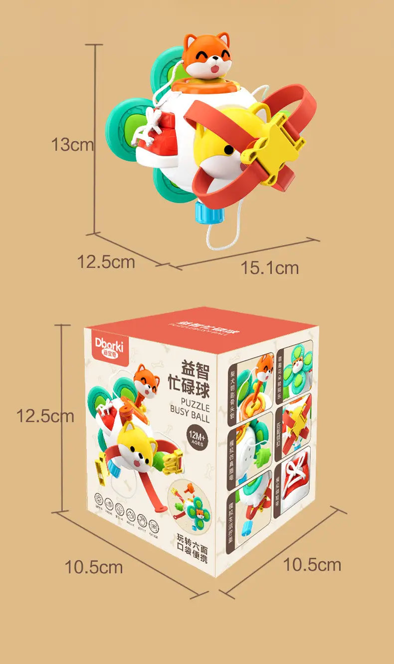 Jouet de voyage cube d’occupation Montessori, comprenant une balle-puzzle interactive colorée, avec un design de renard et d’oiseau, des sangles rouges et des roues vertes.