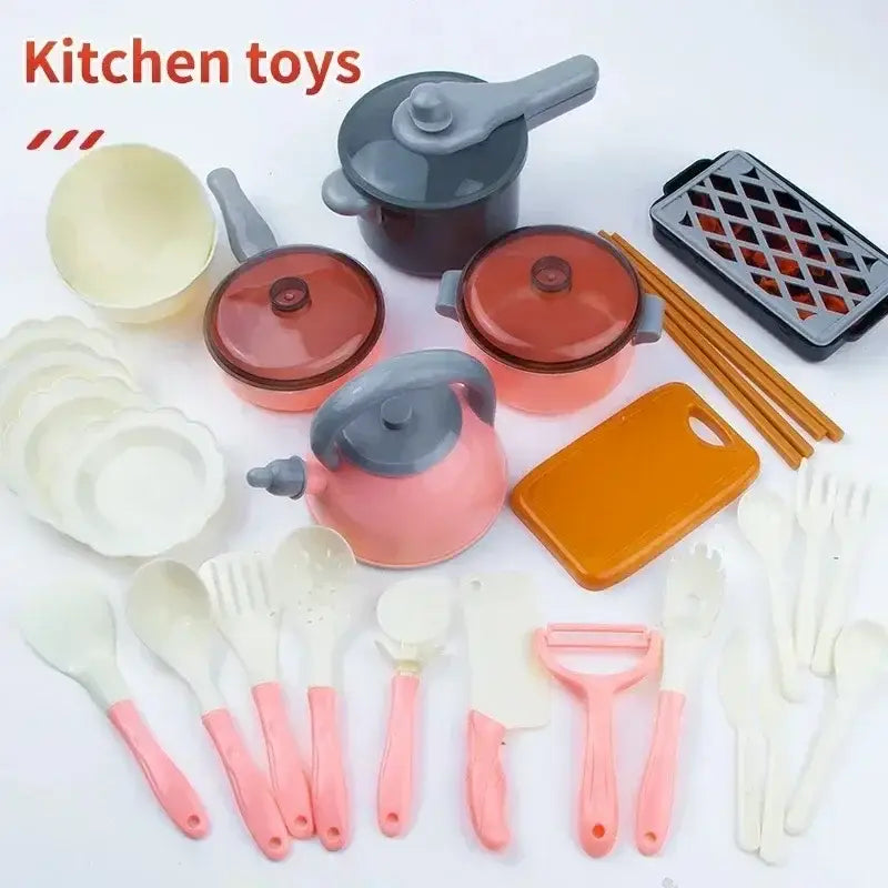 Rosa Kessel-Spielzeug aus pinkem Kunststoff mit grauem Deckel und Griff aus dem Set für Küchenzubehör zum Spielen, Kochspielzeug für Kinder