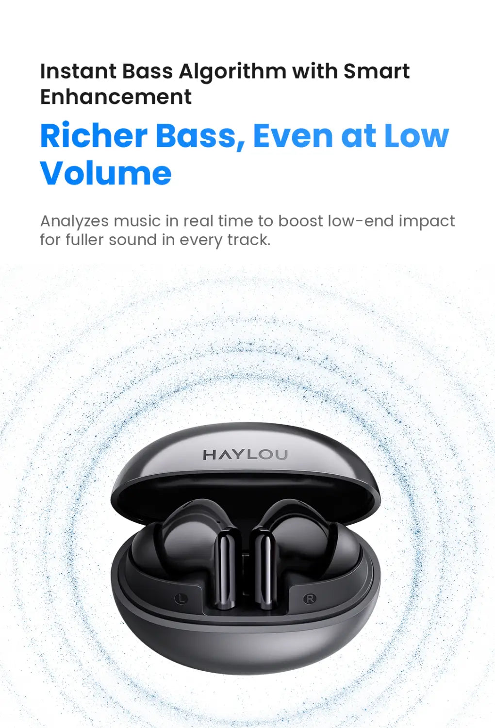 Écouteurs sans fil noirs Haylou Flowbuds N55 avec ANC dans un étui de charge au fini mat élégant, mettant en avant une autonomie prolongée.