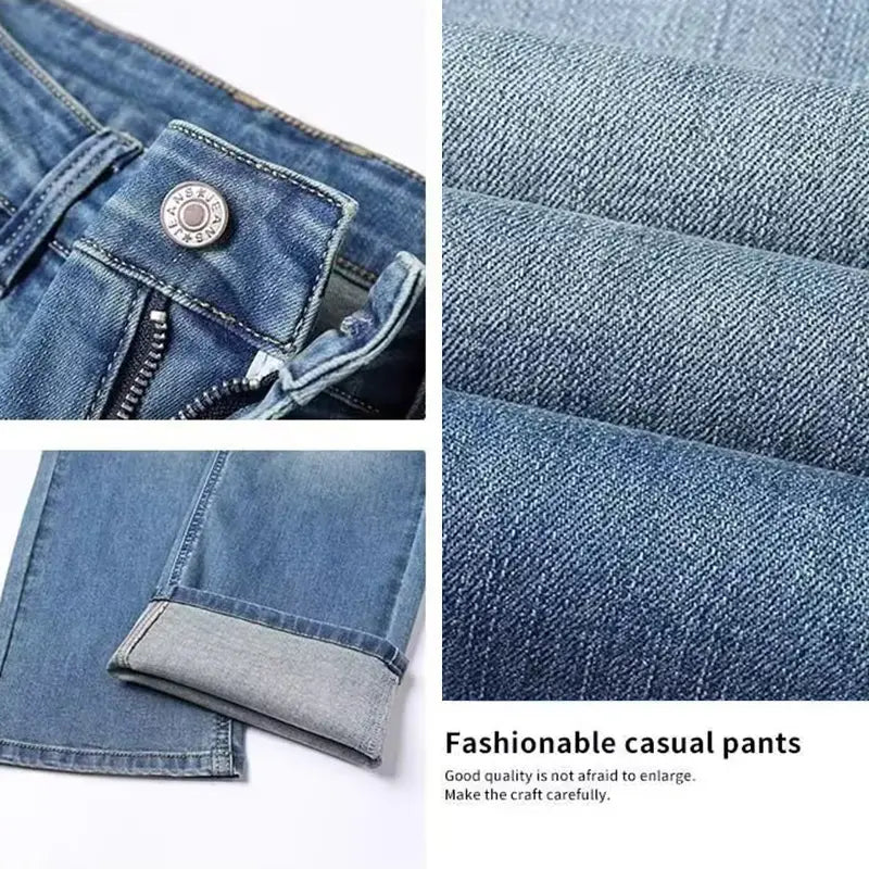 Men fleece lined winter jeans loose straight denim pants in blue denim with a classic button fly and rolled cuffs.
