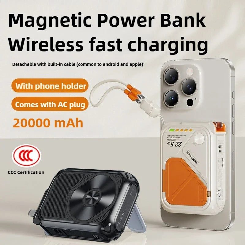 20000mAh Magnetic Power Bank with Plug Phone Holder Multifunctional PD22.5W Wireless Fast Charging for IPhone Magsafe Powerbank
