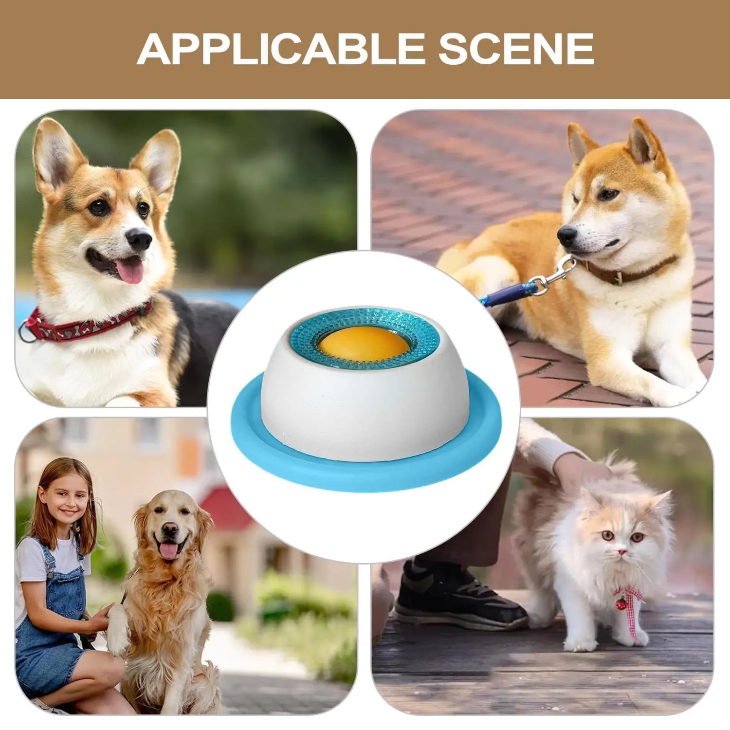Blue and white pet water bowl with a textured circular rim designed as a dog licking toy slow feeder puzzle for puppies