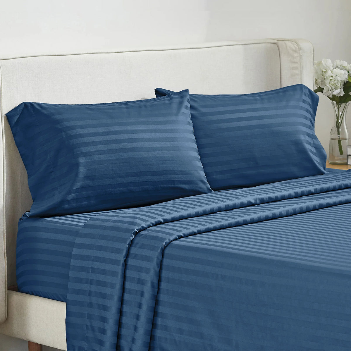Battilo Bed Sheets 4 Pieces Set Luxury Fitted Flat Sheet with Pillowcases Solid Stripe Bedding Set For Twin Full Queen King Size