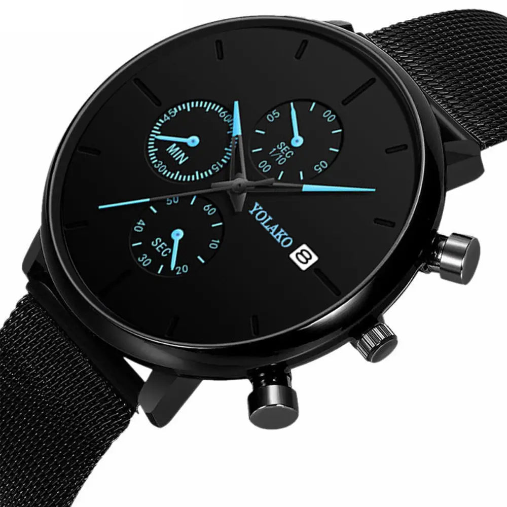 Montre chronographe à quartz ultrafine noire Yolako, avec une sangle en maille noire et des aiguilles bleu lumineux, pour hommes