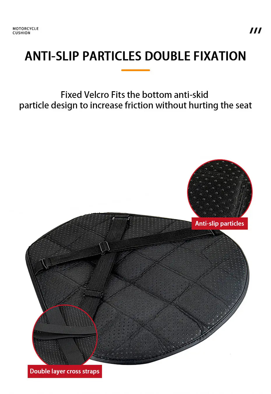 Cojín transpirable de aire 3D de EVA para motocicleta en color negro, con partículas antideslizantes y correas cruzadas de doble capa.