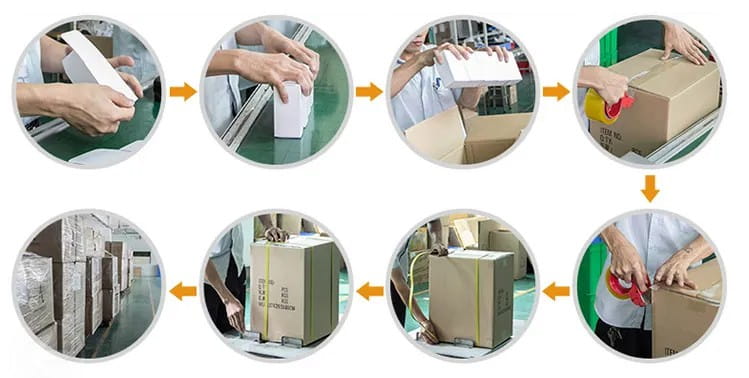 Brown cardboard shipping boxes with white foam inserts and yellow packing tape containing a 100w 20000mah laptop power bank fast charger.