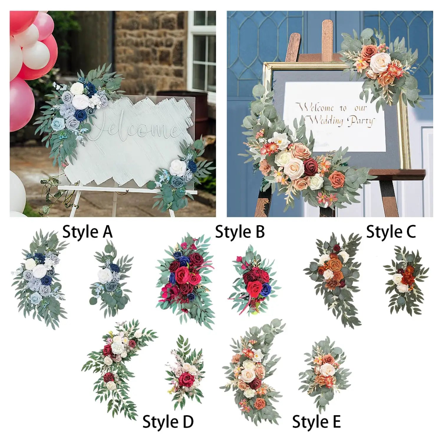 Elegante Hochzeitsbogenblumen in Marineblau und Weiß als florale Girlande, mit einem abwechslungsreichen Stil eines Kranzes aus künstlichen Blüten und Grünwerk in Farbtönen von Blau, Rot, Pfirsich und Weiß.