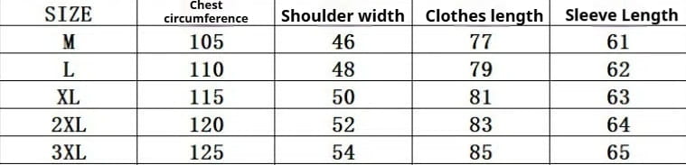The table displays sizing measurements for the men long sleeve linen mandarin collar casual shirt including chest circumference shoulder width clothes length and sleeve length for sizes m to 3xl.