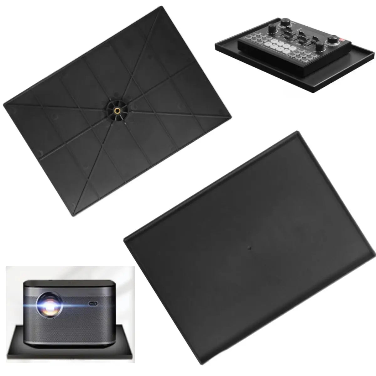 Bandeja rectangular negra para soporte de proyector con superficie texturizada e indentación circular central, que incluye un adaptador de rosca de 1/4 para una colocación estable del proyector