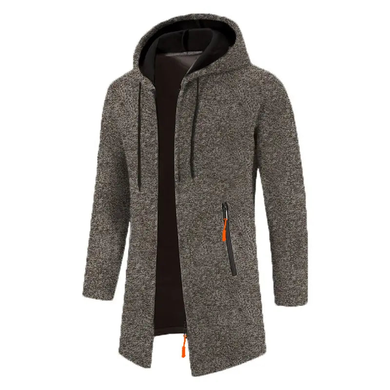 Chaqueta con capucha extragrande para hombre en gris con textura, con forro interior negro y tiradores de cremallera color naranja.
