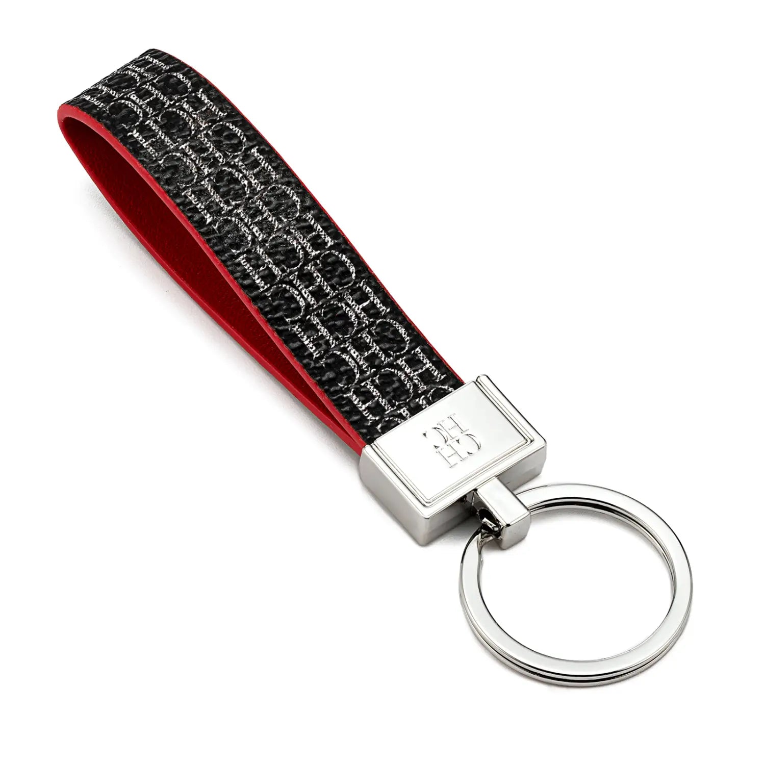 Leather logo keychain designer fashion accessory featuring a black and red textured pattern with a silver-toned metal clasp and ring and repeating monogram design.