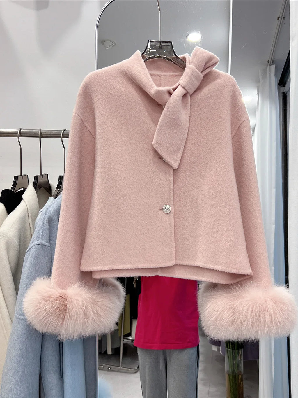 Women's Autumn Winter Elegant Bow Collar Long Sleeve Wool Short Jacket Lady Solid Color Fox Fur Cuffs Loose Wool Outwear Top