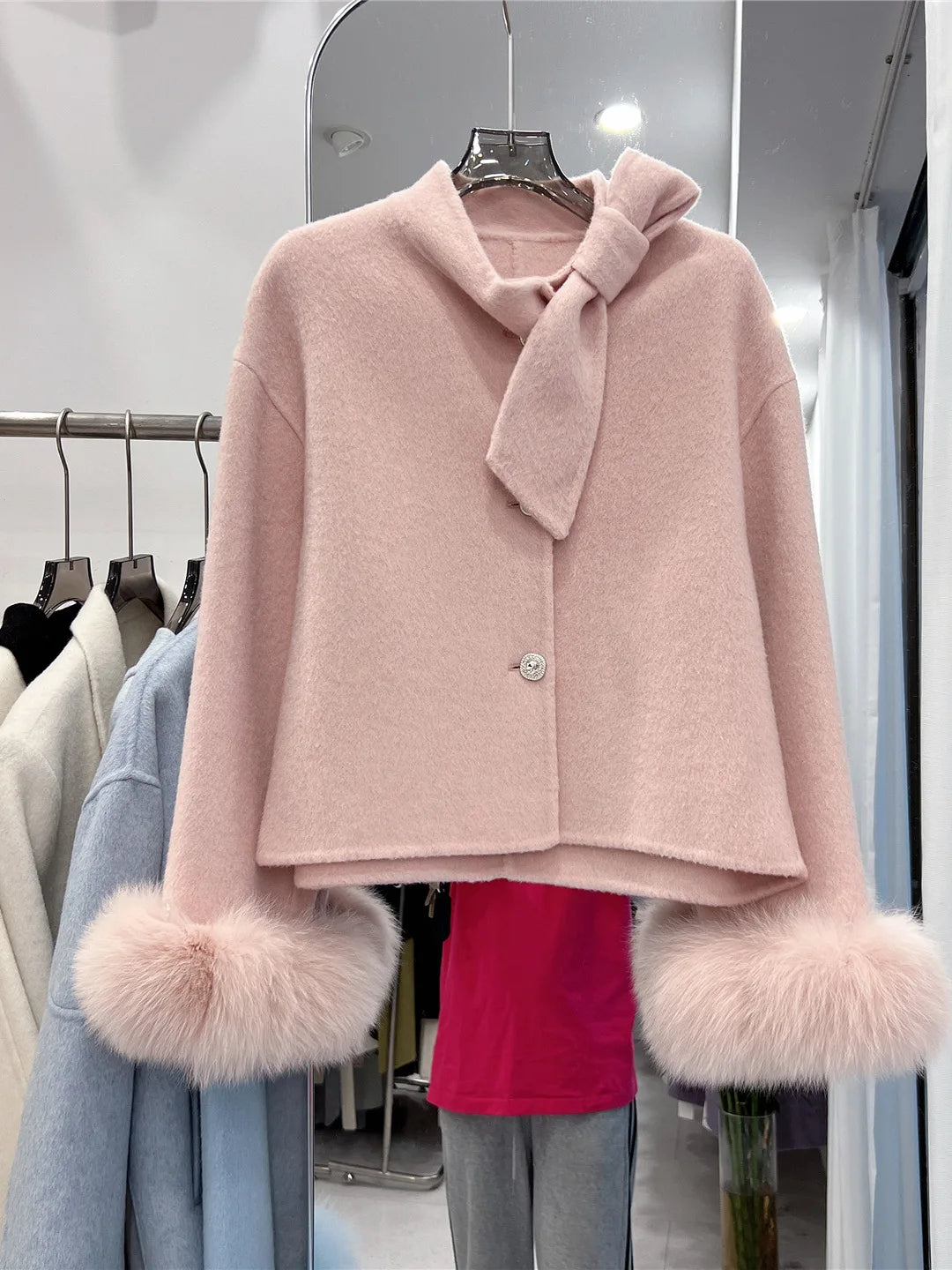 Women's Autumn Winter Elegant Bow Collar Long Sleeve Wool Short Jacket Lady Solid Color Fox Fur Cuffs Loose Wool Outwear Top
