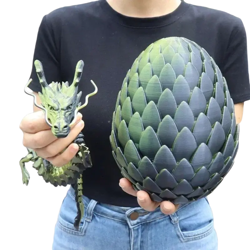 A detailed green and black 3D printed dragon egg figurine with textured scales for unique home and party decoration
