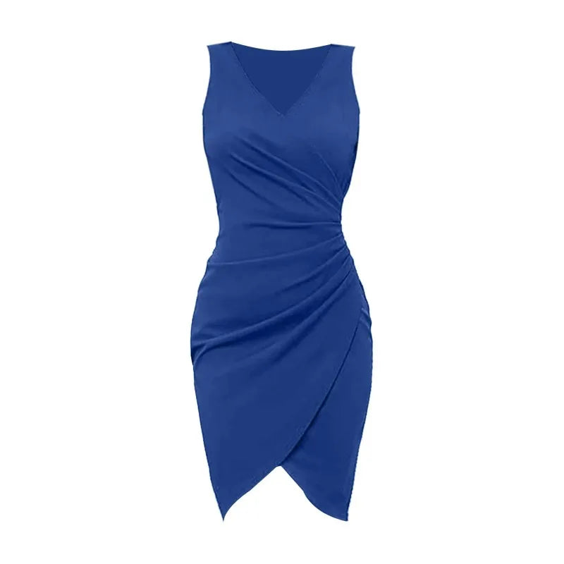 Women Cocktail Dresses Women'S Sexy V Neck Sleeveless Wrap Pleat Solid Color Dress Women Formal Dresses Party Work Dress