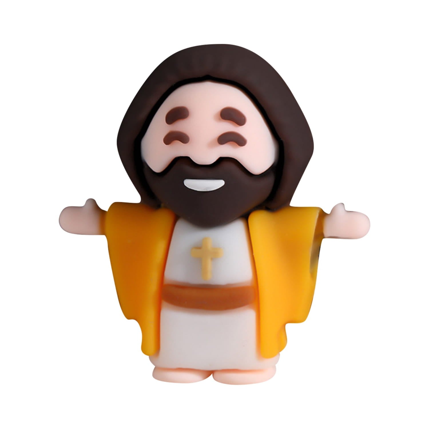 Cute mini Jesus figurine with brown hair and beard wearing a yellow robe over white clothing adorned with a gold cross from a set of 10 Easter party favors.