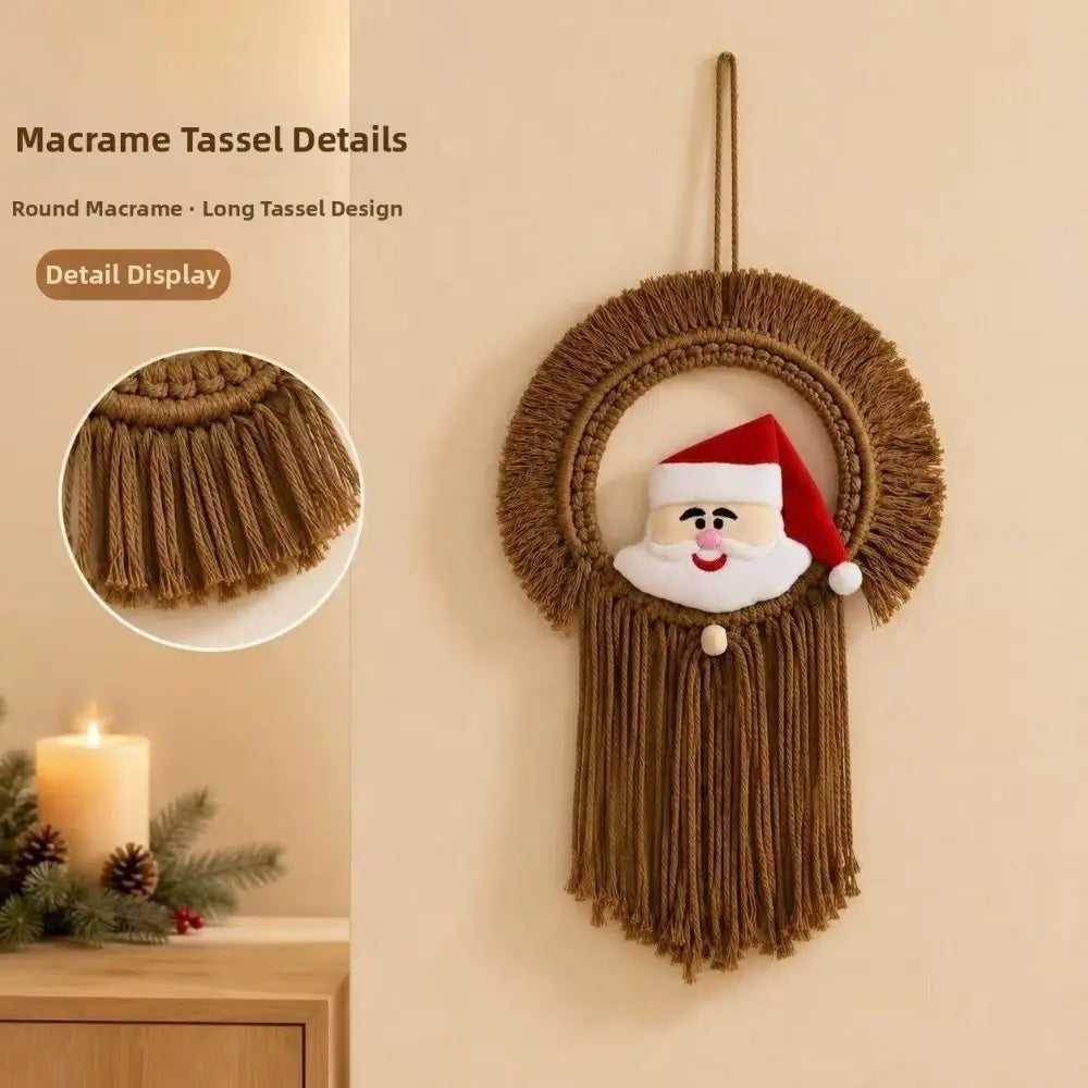 brown macrame christmas wall hanging tapestry featuring a santa claus design with a plush face and long tassels.