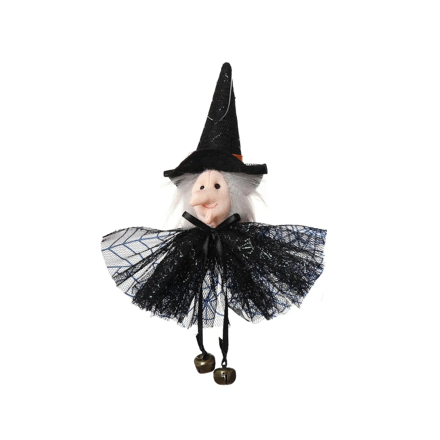 Figura de bruja de tela negra con sombrero puntiagudo, falda de encaje y campanillas colgantes, colgada como colgante de adorno de halloween, accesorio de halloween