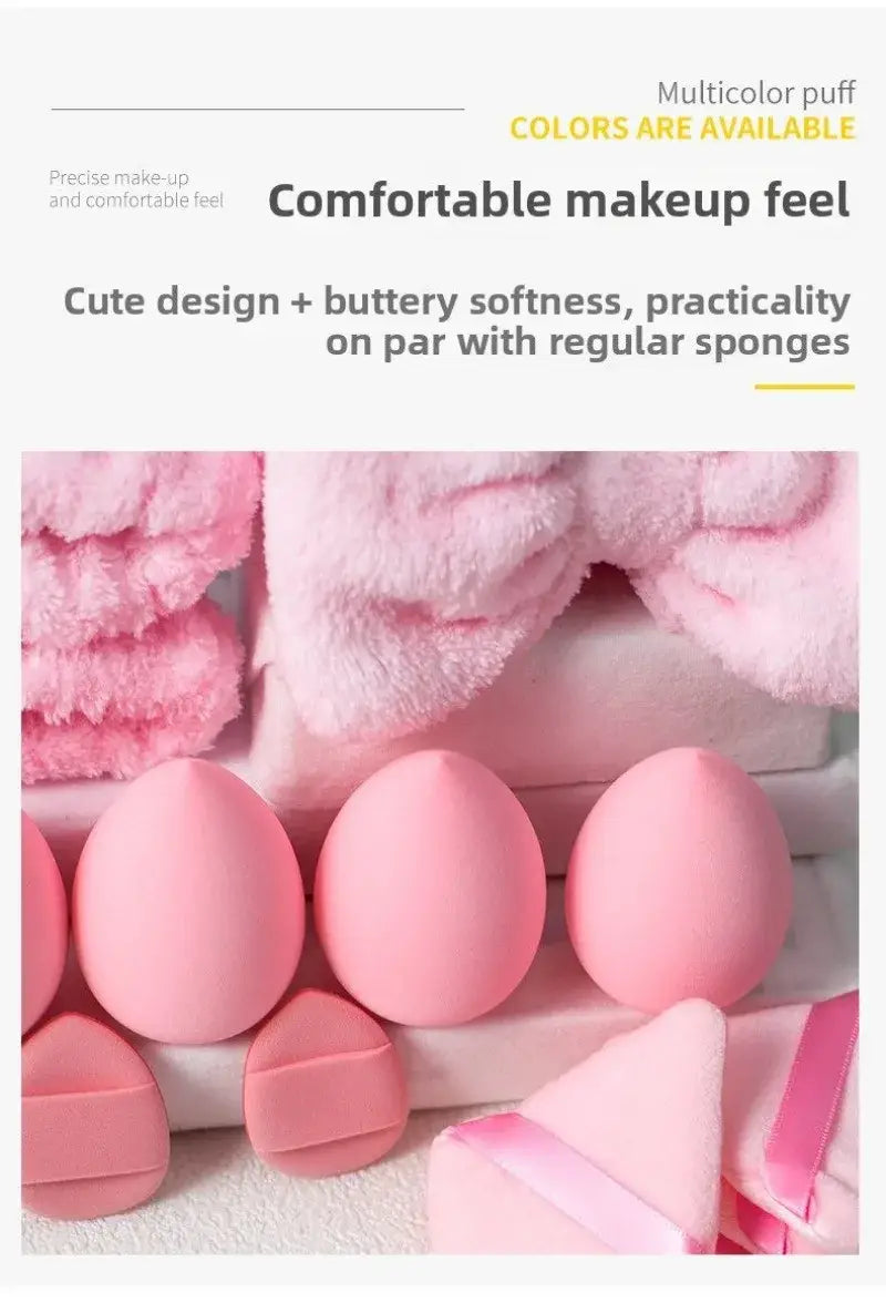 pink multicolor makeup sponges with a soft buttery texture and cute design for precise makeup application in a 46 piece makeup brush and sponge set pink