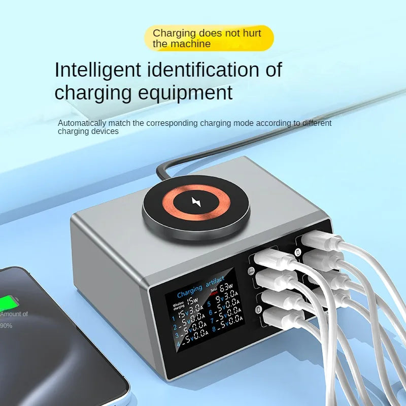 140W Multi-Port Charger with Digital Display, PD+QC, and Desktop Magnetic Wireless Charging for Phones and Laptops