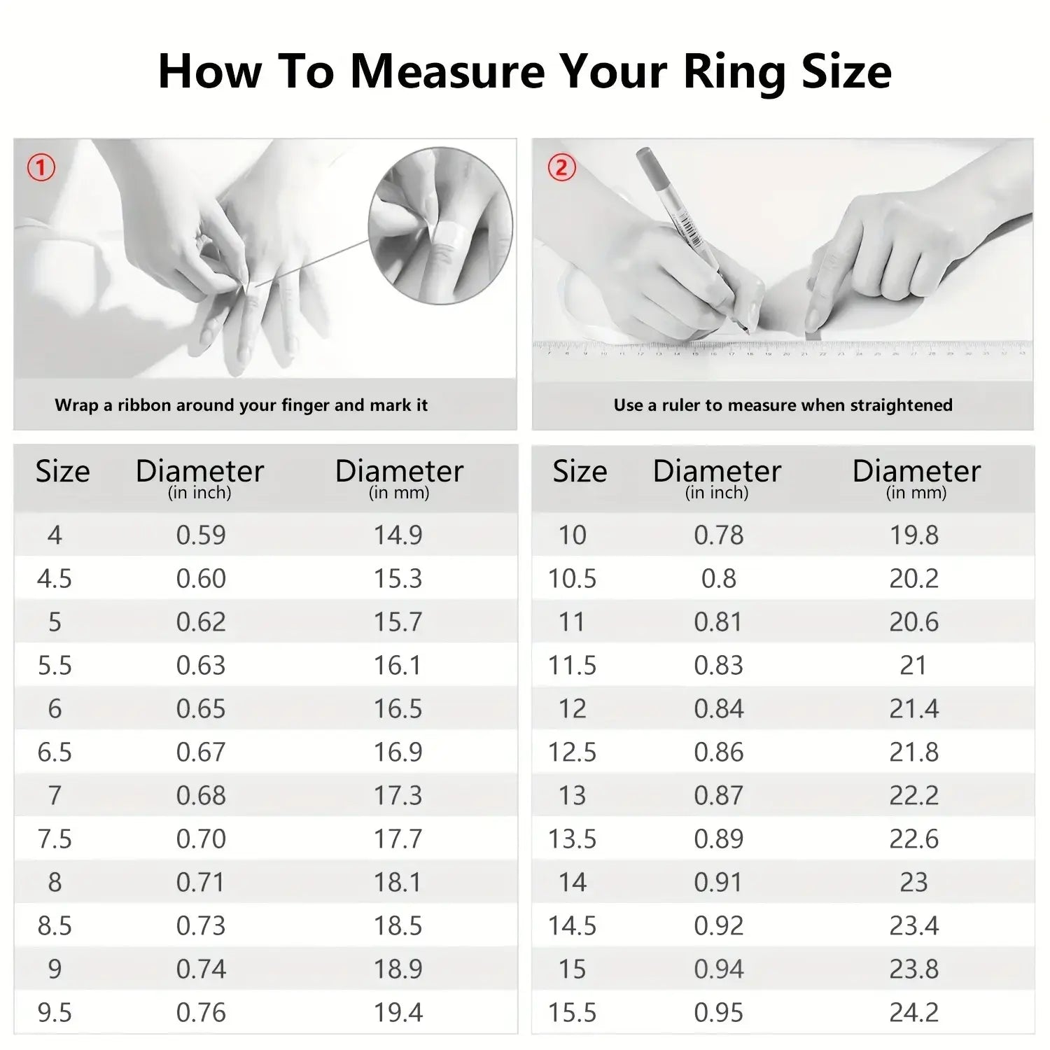 Ring size measurement guide with tables showing sizes and diameters in inches and millimeters for a stainless steel golden wedding band ring with elvish script.