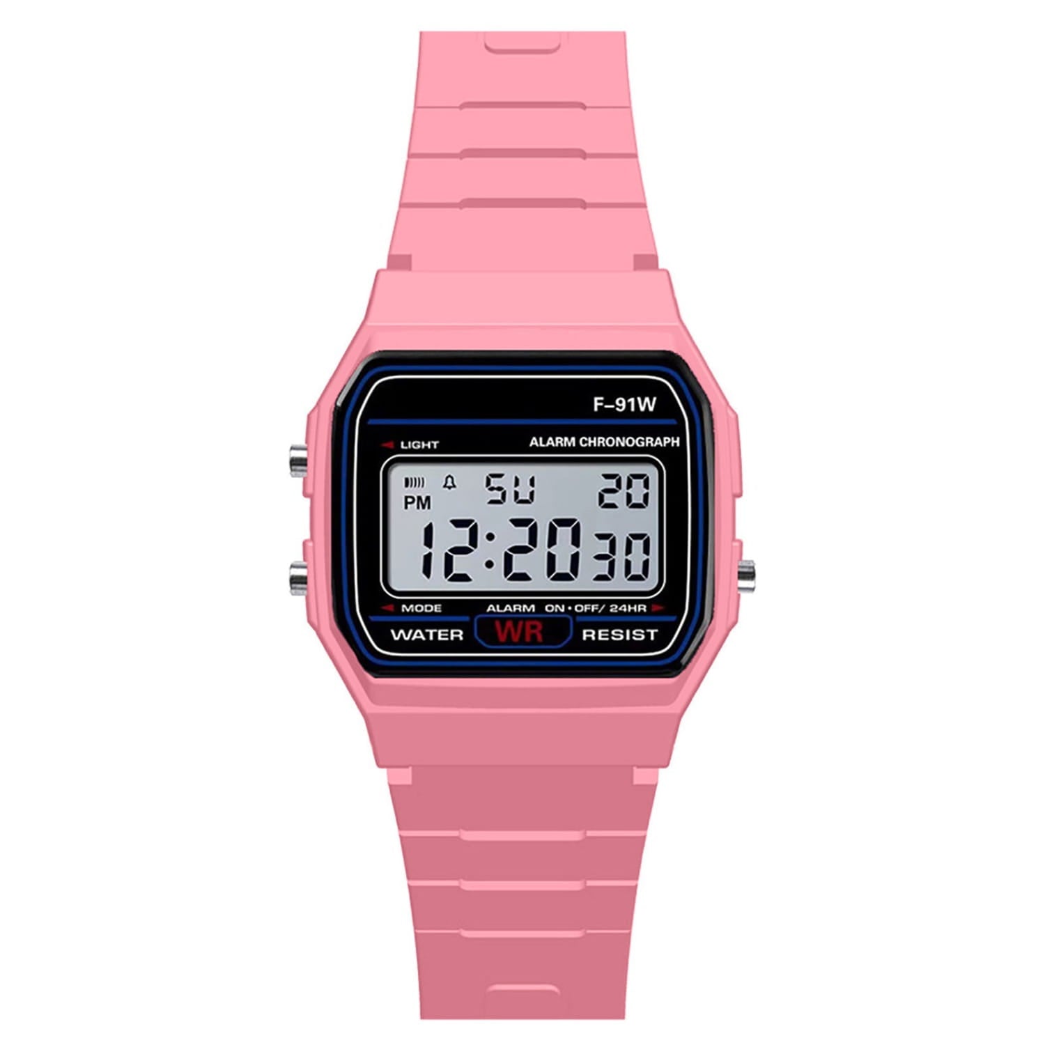 Reloj deportivo digital rosa para hombres con esfera rectangular y correa de silicona a juego, diseñado como reloj militar impermeable con pantalla LED.