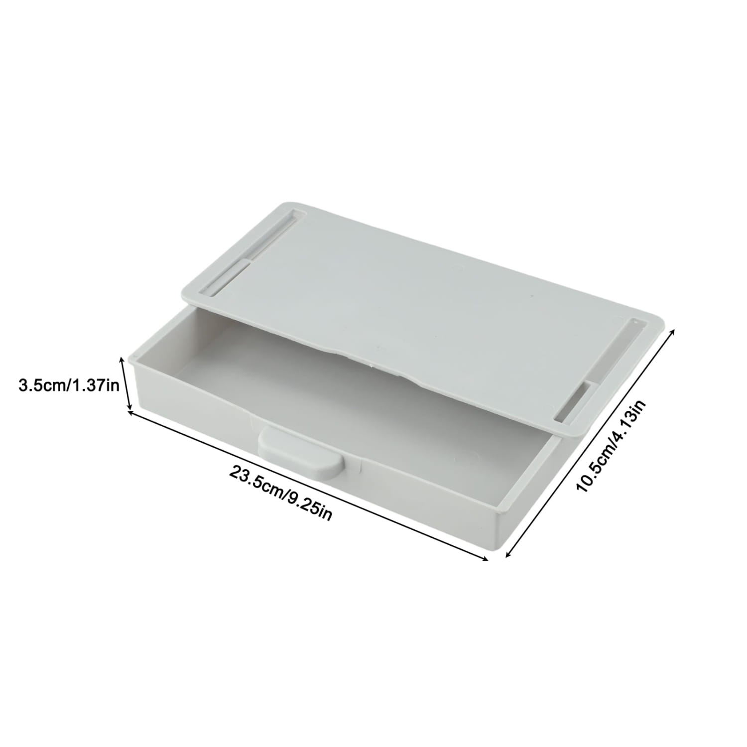 Organisateur de tiroir sous bureau en plastique blanc au design épuré, avec couvercle à charnière et poignée intégrée pour un stockage en ABS.