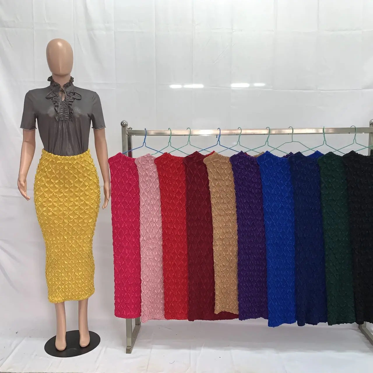 yellow textured knit midi skirt high waist slim fit made of knit material suitable for casual and formal wear