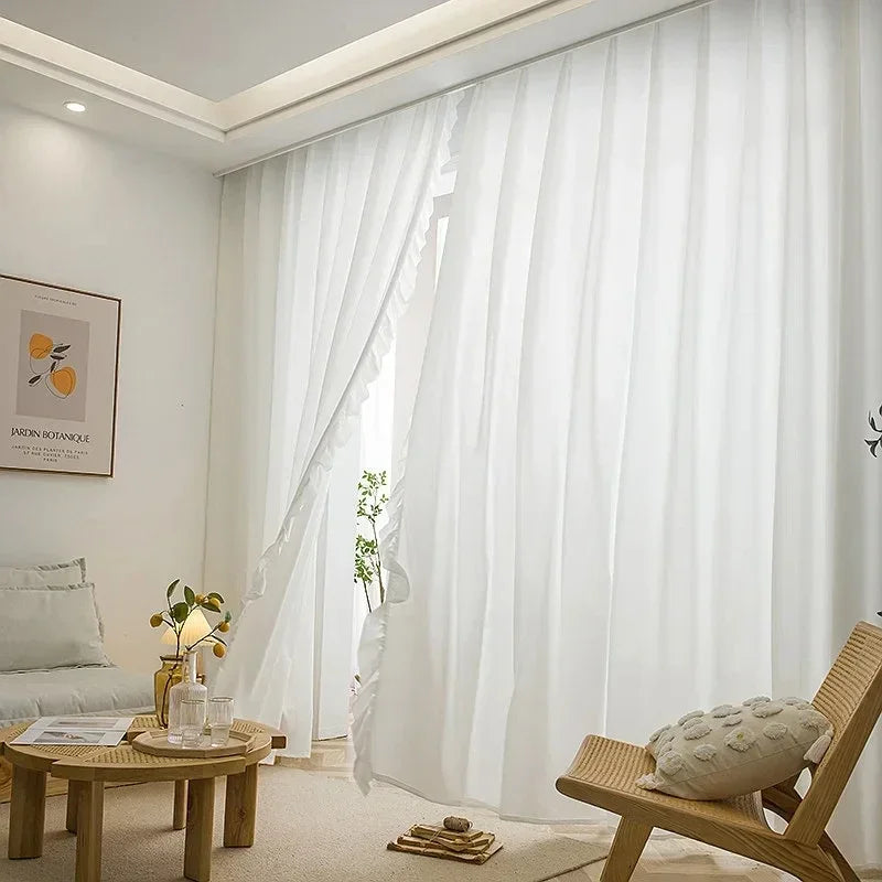 White Vintage Ruffle Tulle Curtains For Girls Bedroom Romantic Bay Window Drapes Living Room Soft Chiffon Thicker Sheer