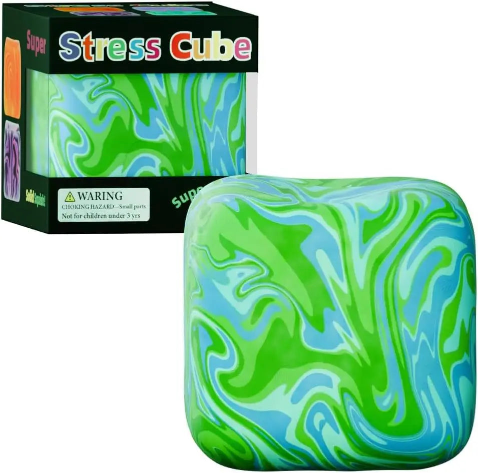 A vibrant green and blue marble swirl cube squeeze toy with a soft squishy texture designed as a slow rising sensory fidget.