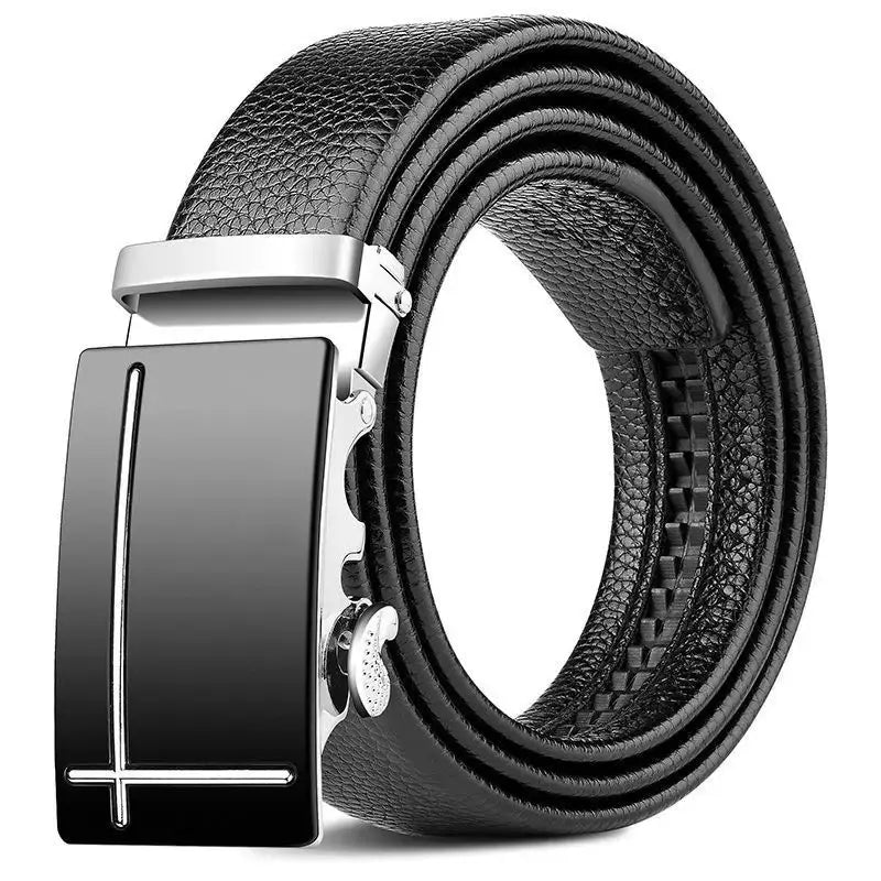 Ceinture en cuir pour hommes avec une ceinture en PU noire et une boucle automatique élégante au fini mat, avec un design minimaliste ton argent.