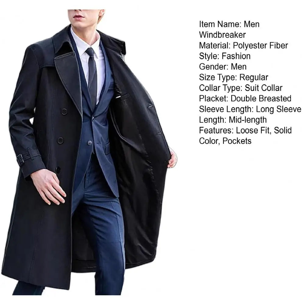 Black polyester fiber men windbreaker with a double-breasted design, long sleeve length, and casual trench coat clothes length.
