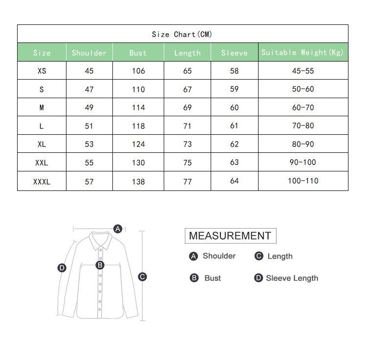 Tabla de tallas para chaqueta de invierno de forro polar para hombre, ropa de abrigo y exterior cálida, que muestra medidas de una camisa abotonada de manga larga en centímetros y rangos de peso adecuados de XS a XXXL.