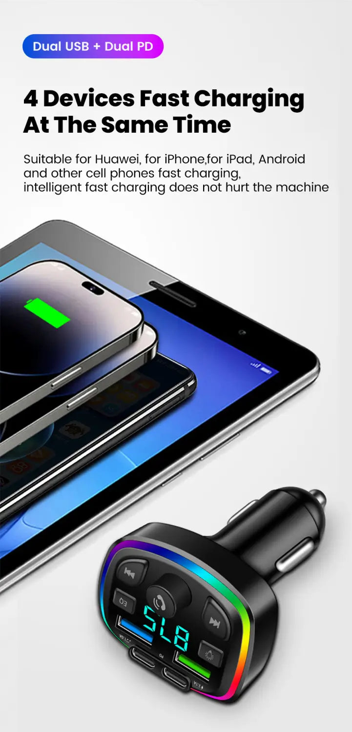Black Bluetooth FM transmitter car charger with dual USB and dual PD ports featuring a colorful LED display showing 51.8 and control buttons for music playback and volume adjustment.