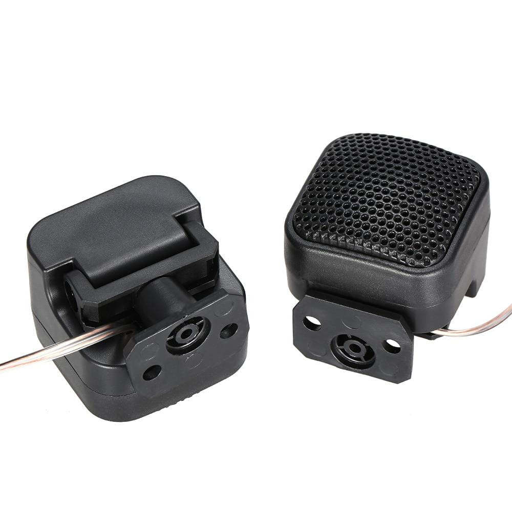 Tweeters tipo domo de coche de 500 W de plástico negro con rejilla perforada y soportes de montaje para uso de audio automotriz.